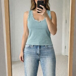 Y2K‎ Coquette Lace Trim Tank Top Blue Bow Cottagecore Small Balletcore Fairycore